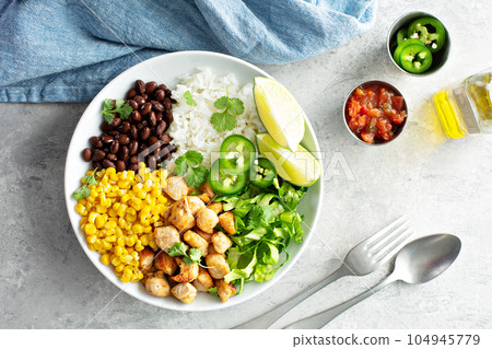Chipotle spicy chicken with rice corn, beans Chipotle spicy chicken with rice corn, beans 104945779