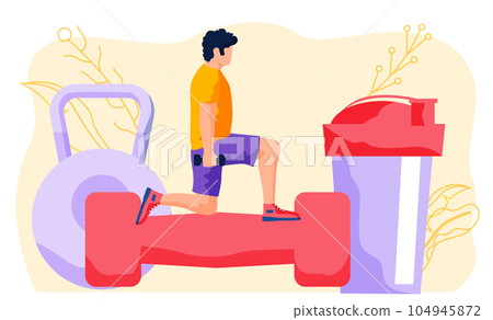 Strong young man doing fitness with dumbbell, the athlete keeps his body in a slim shape Strong young man doing fitness with dumbbell, the athlete keeps his body in a slim shape 104945872
