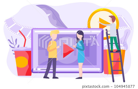 Online cinema, internet streaming. Couple is standing near the screen with video recording 104945877