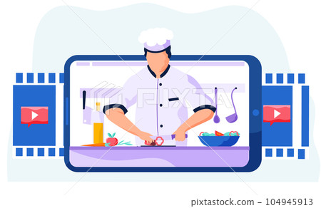 Cooking blog. Online culinary lesson. Making salad recipe online video. Chef on blue tablet 104945913