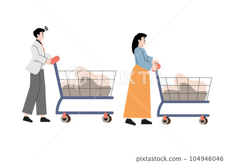Person pushing shop cart full of bags with groceries. Man and woman walking with shopping trolley. Profile of buyer going with supermarket trolly. Flat vector illustration of shopper isolated on white Person pushing shop cart full of bags with groceries. Man and woman walking with shopping trolley. Profile of buyer going with supermarket trolly. Flat vector illustration of shopper isolated on white 104946046