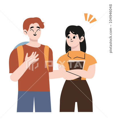 Cheerful college students with books and backpacks standing together. Teen girl and guy meeting and talking. Communication, studying, school friends, youth, teenagers concept. Flat vector illustration Cheerful college students with books and backpacks standing together. Teen girl and guy meeting and talking. Communication, studying, school friends, youth, teenagers concept. Flat vector illustration 104946048