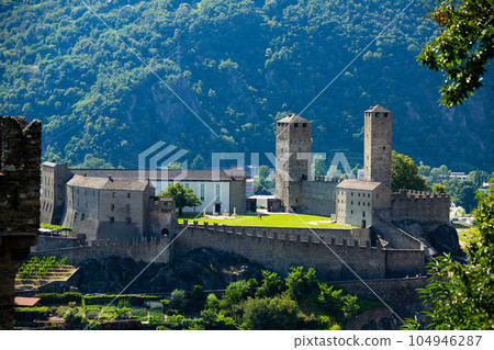 Medieval castle of Montebello on summer day. Bellinzona. Switzerland Medieval castle of Montebello on summer day. Bellinzona. Switzerland 104946287
