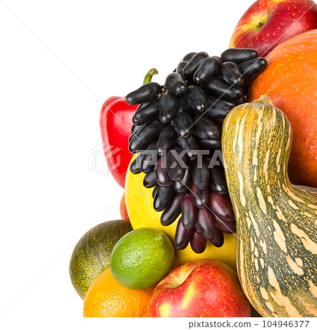 Set of fruits and vegetables isolated on white . Free space for text. Set of fruits and vegetables isolated on white . Free space for text. 104946377