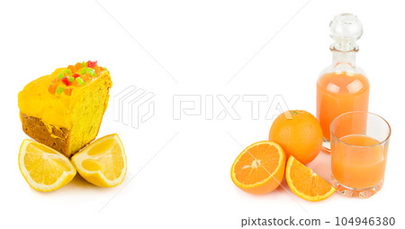 Lemon cupcake and orange juice isolated on white . Free space for text. Collage. Wide photo. 104946380