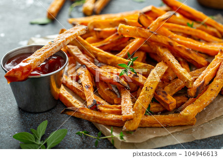 Sweet potato fries with sauces Sweet potato fries with sauces 104946613