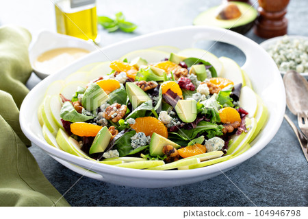 Fresh salad with bleu cheese, walnuts, apples and mandarins Fresh salad with bleu cheese, walnuts, apples and mandarins 104946798
