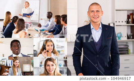 Collage of portraits of mixed age group of focused business professionals Collage of portraits of mixed age group of focused business professionals 104946917