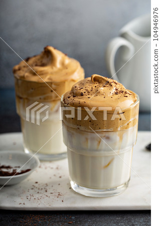 Dalgona coffee or whipped instant coffee 104946976