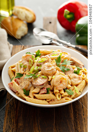 Cajun shrimp and sausage pasta Cajun shrimp and sausage pasta 104946987