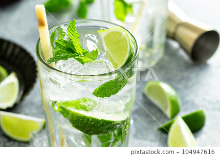 Refreshing mojito cocktail with lime and mint Refreshing mojito cocktail with lime and mint 104947616
