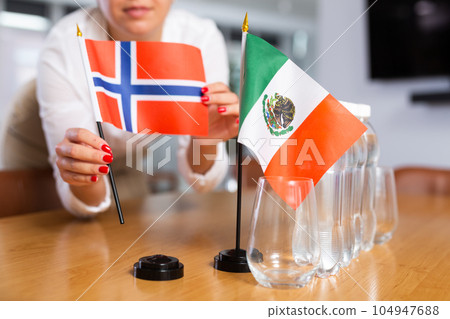 Unrecognizable girl sets midget flags of Mexico and Norway before international negotiations 104947688