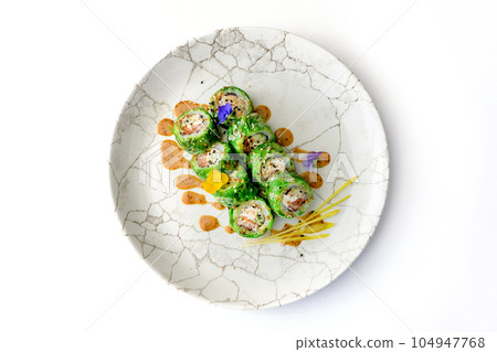 Sushi Roll - Maki Sushi with wakame, Crab meat, avocado, cream cheese and sesame 104947768