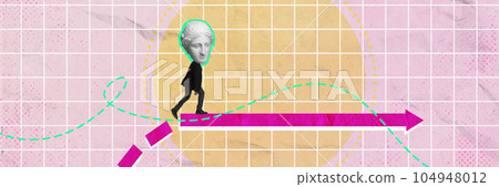 Contemporary art collage. Man with antique statue bust walking on arrow. Challenging working conditions. 104948012
