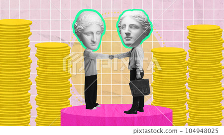 Contemporary art collage. People with antique statue heads shaking hands. Partnership and professional cooperation Contemporary art collage. People with antique statue heads shaking hands. Partnership and professional cooperation 104948025