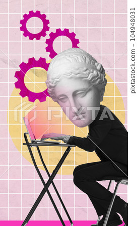 Contemporary art collage. Woman with antique statue bust, employee working on laptop, finishing projects. Concentration 104948031