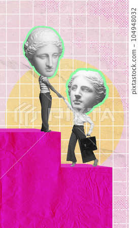 Contemporary art collage. People with antique statue bust. Man, helping woman, employee to reach professional success 104948032