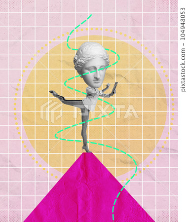 Contemporary art collage. Woman with antique statue head, employee in working chaos, finishing tasks, deadlines Contemporary art collage. Woman with antique statue head, employee in working chaos, finishing tasks, deadlines 104948053