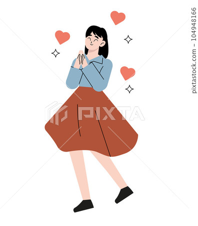 Woman with hand on kind heart, feeling self love, bliss, harmony, positive emotion. Happy calm peaceful girl volunteer. Care, humanity, selfhelp and peace concept. Colored flat vector illustration	 104948166