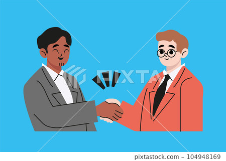Business handshake illustration with two businessman shaking hands over profitable deal and agreement. Flat design vector with blue background Business handshake illustration with two businessman shaking hands over profitable deal and agreement. Flat design vector with blue background 104948169