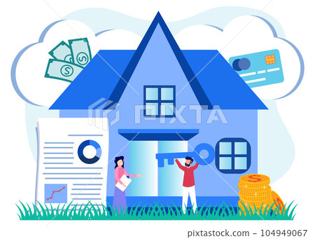 Illustration vector graphic cartoon character of invest money in real estate property and buy new house Illustration vector graphic cartoon character of invest money in real estate property and buy new house 104949067
