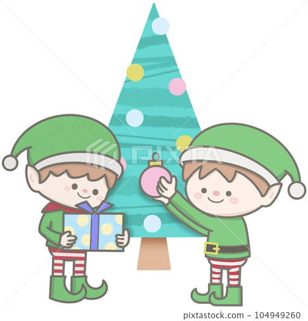 Little elves decorating Christmas tree 104949260