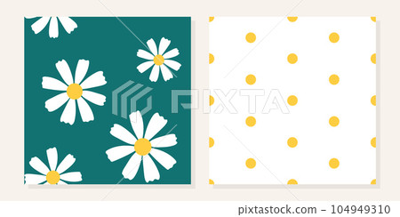 Set of cute simple seamless patterns. Chamomile flower pattern on a turquoise background and yellow polka dots. Vector illustration 104949310