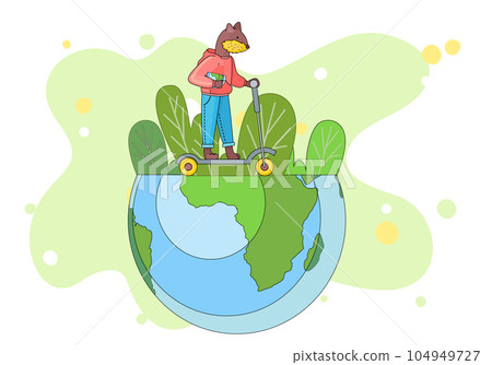 Lovely cute beaver schoolboy with a globe in hand is riding a scooter the layout of the planet earth Lovely cute beaver schoolboy with a globe in hand is riding a scooter the layout of the planet earth 104949727