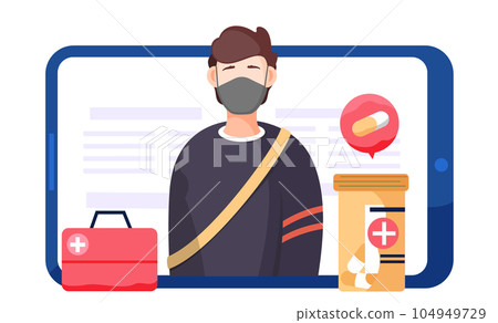 Screen of tablet with a man in a mask and a container with pills. Quarantine conditions Screen of tablet with a man in a mask and a container with pills. Quarantine conditions 104949729