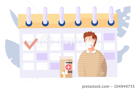 Calendar with a picture of a man in a mask and a container with pills. Quarantine conditions 104949735