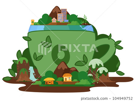 Garden figure of a cup, shrub sculpture green color with houses, trees and mountains above Garden figure of a cup, shrub sculpture green color with houses, trees and mountains above 104949752
