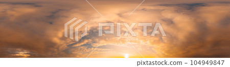 Sunset sky panorama with bright glowing pink Cumulus clouds. HDR 360 seamless spherical panorama. Full zenith or sky dome in 3D, sky replacement for aerial drone panoramas. Climate and weather change. 104949847