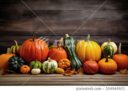 Autumn Harvest and Holiday still life. Selection of various pumpkins on dark wooden background with copy space. Autumn vegetables and seasonal decorations. 104949931