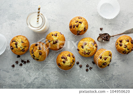 Chocolate chip muffins with milk Chocolate chip muffins with milk 104950620