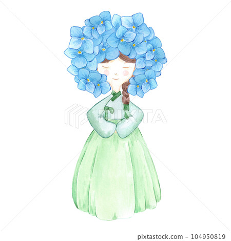 Hand drawn watercolor korean girl in hanbok with hydrangea flowers isolated on white background. Can be used for label, banner, post card and other printed products. 104950819