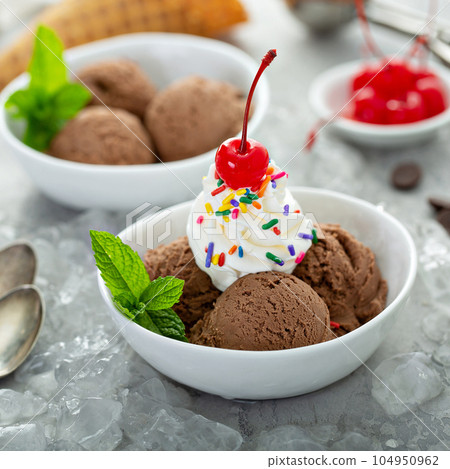 Chocolate ice cream sundae in a bowl Chocolate ice cream sundae in a bowl 104950962