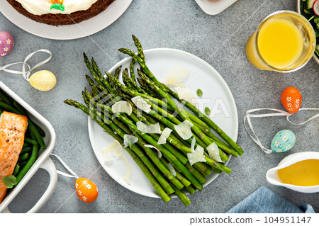 Roasted asparagus with parmesan 104951147