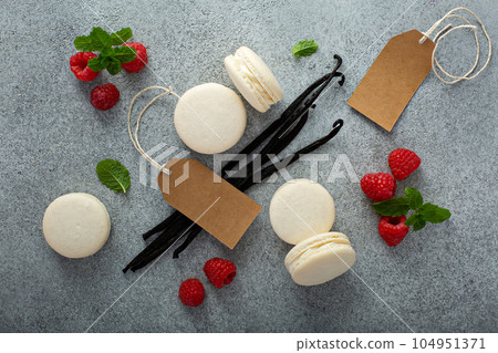 Vanilla macarons on a gray surface Vanilla macarons on a gray surface 104951371