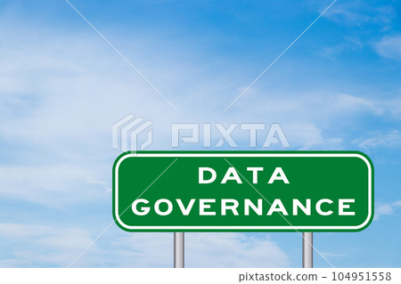 Green transportation sign with word data governance on blue sky background Green transportation sign with word data governance on blue sky background 104951558