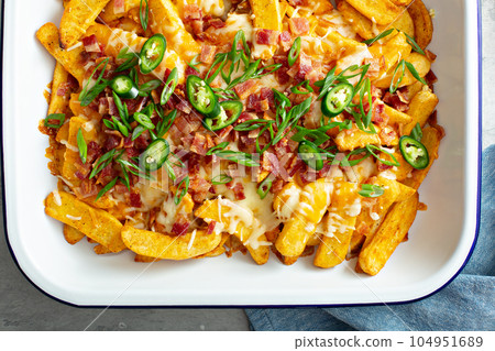 Cheese fries with bacon and green onions Cheese fries with bacon and green onions 104951689