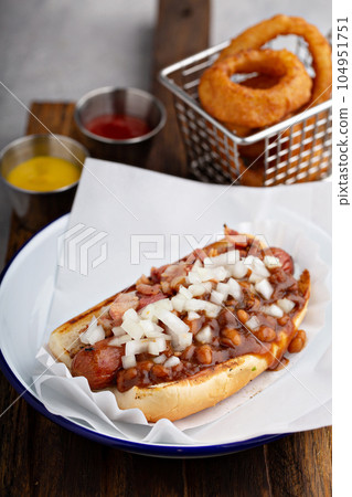 Chili hot dog with beans and onion Chili hot dog with beans and onion 104951751