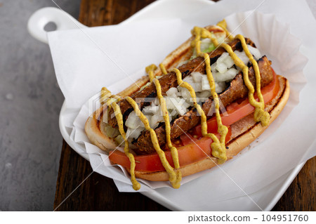Vegan hot dog with meatless sausage 104951760