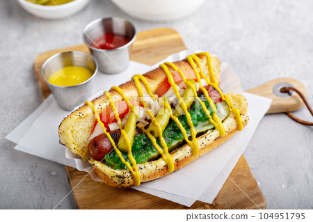 Chicago hot dog on a poppy seed bun Chicago hot dog on a poppy seed bun 104951795
