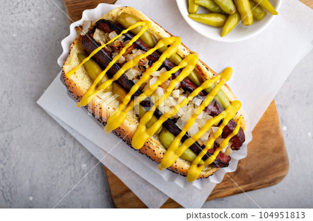 Hot dog on a poppy seed bun with onion 104951813