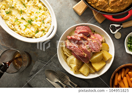 Irish dinner with corned beef, colcannon and soda bread Irish dinner with corned beef, colcannon and soda bread 104951825