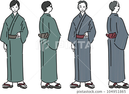 Full body illustration set of a man wearing a yukata in a chic color 104951865