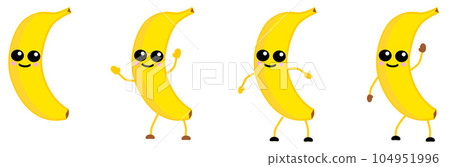 Cute kawaii style Banana fruit icon, large eyes, smiling. Version with hands raised, down and waving. Cute kawaii style Banana fruit icon, large eyes, smiling. Version with hands raised, down and waving. 104951996
