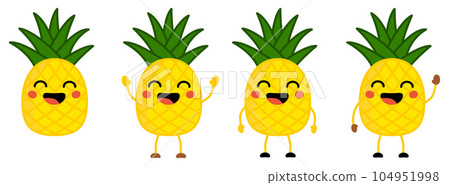 Cute kawaii style Pineapple fruit icon, eyes closed, smiling with open mouth. Version with hands raised, down and waving. 104951998