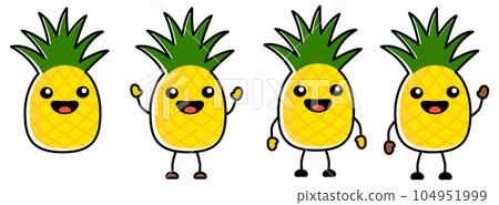 Cute kawaii style Pineapple fruit icon, outlined, large eyes, smiling with open mouth. Version with hands raised, down and waving. Cute kawaii style Pineapple fruit icon, outlined, large eyes, smiling with open mouth. Version with hands raised, down and waving. 104951999