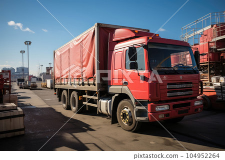Red cargo truck on the port 104952264